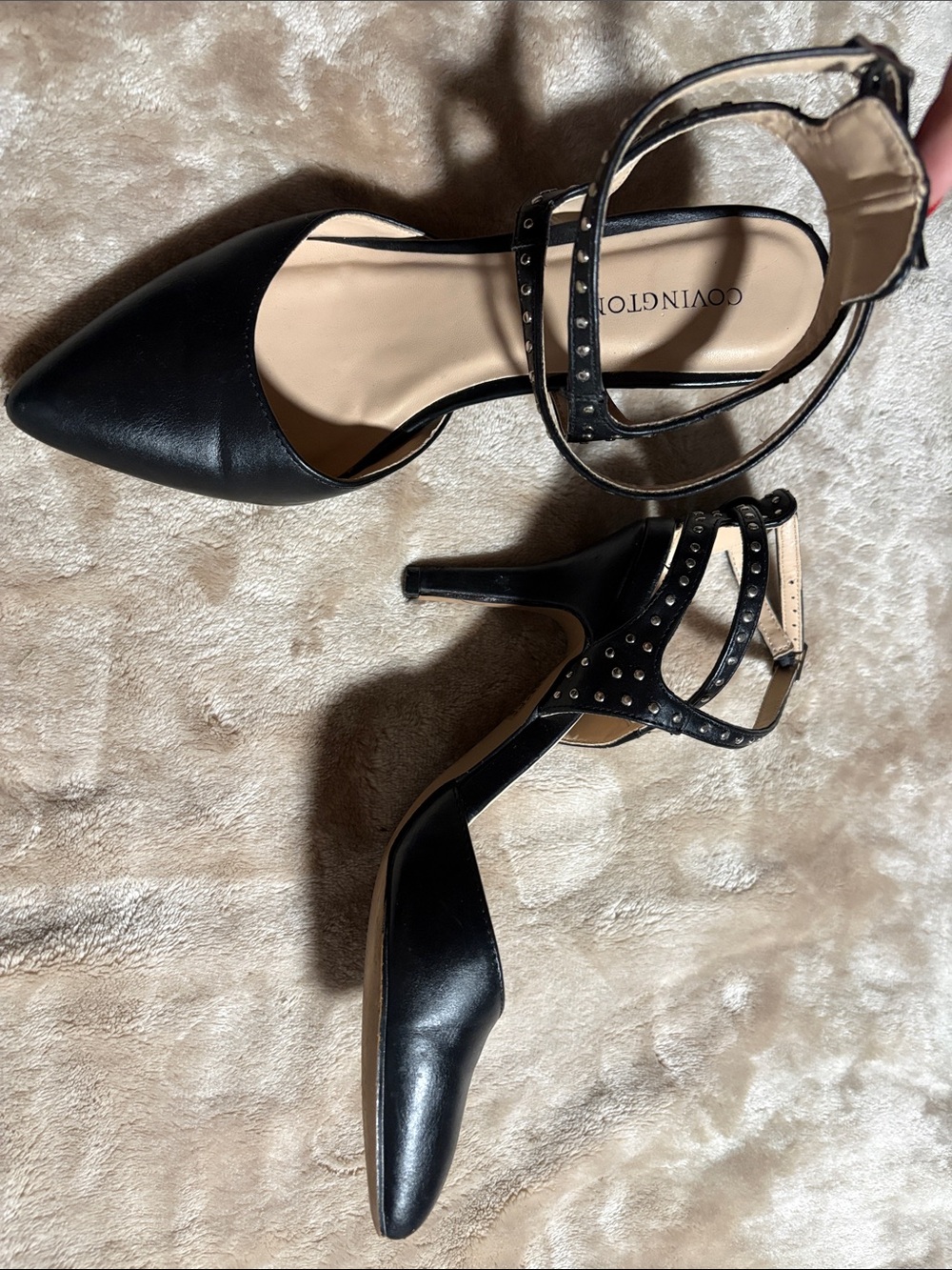 Covington Black Studded Ankle-Strap Pointed Toe Pumps Size 6